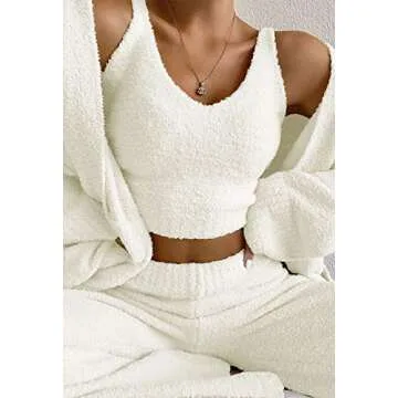 Linsery Three Piece Cozy Outfit for Women Soft Fuzzy Open Front Cardigan and Crop Top Wide Leg Pants Fleece Tank Top Lounge Set White S