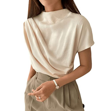 SweatyRocks Women's Casual Short Sleeve Mock Neck Tee Top - Stylish Asymmetrical Ruched T-Shirt in B...
