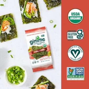 Gimme Seaweed - Chili Lime - 20 Count - Organic Roasted Seaweed Sheets - Keto, Vegan, Gluten Free - Great Source of Iodine & Omega 3’s - Healthy On-The-Go Snack for Kids & Adults