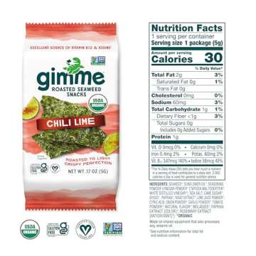 Gimme Seaweed - Chili Lime - 20 Count - Organic Roasted Seaweed Sheets - Keto, Vegan, Gluten Free - Great Source of Iodine & Omega 3’s - Healthy On-The-Go Snack for Kids & Adults