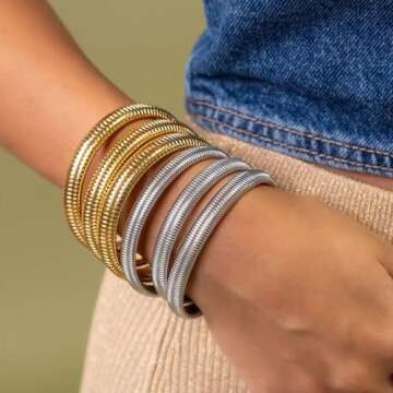 Awinesn Gold Bangles for Women Chunky Stretch Bangles Bracelets Set 18K Gold Plated Stainless Steel Link Chain Bracelets Flexible Wide Wristband Bracelets Set of 3 Jewelry for Women