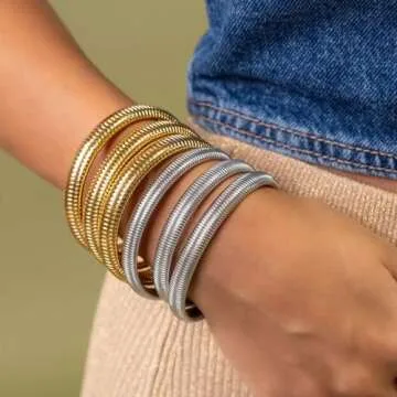 Awinesn Gold Bangles for Women Chunky Stretch Bangles Bracelets Set 18K Gold Plated Stainless Steel Link Chain Bracelets Flexible Wide Wristband Bracelets Set of 3 Jewelry for Women