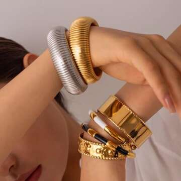 Awinesn Gold Bangles for Women Chunky Stretch Bangles Bracelets Set 18K Gold Plated Stainless Steel Link Chain Bracelets Flexible Wide Wristband Bracelets Set of 3 Jewelry for Women