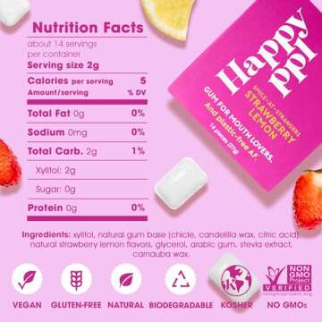 Happy ppl Gum, Chewing Gum, Natural Gum Pack, Xylitol Gum W/Oral Care Benefits, Plant-Based Gum, Sugar-Free & Plastic-Free, Strawberry Lemon Gum, 4 Pack