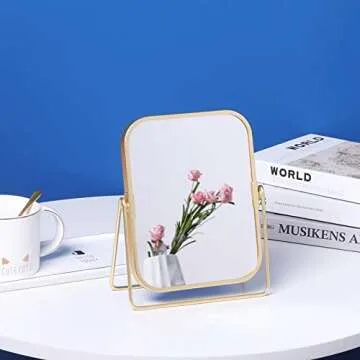 LONGSHENG - SINCE 2001 - Gold Tabletop Makeup Mirror Double Side Square Vanity Mirror Desk Mirror for Home Bathrom