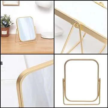 LONGSHENG - SINCE 2001 - Gold Tabletop Makeup Mirror Double Side Square Vanity Mirror Desk Mirror for Home Bathrom