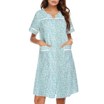 Ekouaer Women’s Snap Front Cotton Nightgown - Green Floral Duster