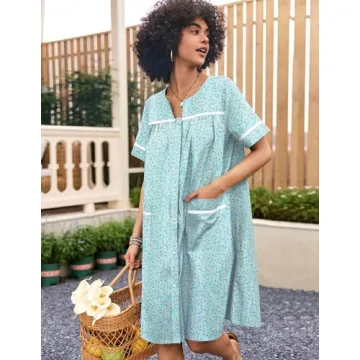 Ekouaer Green Floral Cotton Nightgown - Women’s Duster