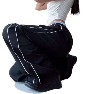 Women's Low Waist Cargo Pants Casual Solid Color Parachute Pants Y2K Low Rise Baggy Jogger Relaxed Cinch Pants (Parachute Pants-Black,X-Large)