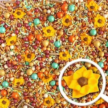 Sunflower Sprinkle Mix| Burgundy Golden Yellow Orange Mint Sprinkles| Fall Autumn Thanksgiving Sprinkles With Sunflower Royal Icing Perfect For Decorating Cakes Cookies Cupcake Celebration Treats, 4oz