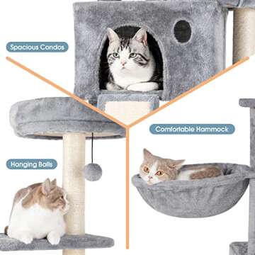 TSCOMON 59" Multi-Level Cat Tree Cat Tower for Indoor Cats, Tall Plush Rest Area with Spacious Cat Condos, Scratching Posts with Hammock Basket and Hanging Toy, Cat Furniture with House for Rest & Fun