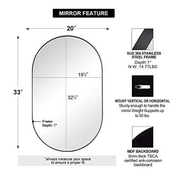 ANDY STAR Black Oval Mirror, 20x33’’ Oval Mirrors for Bathroom, Pill Shaped Mirror, Black Mirror Vanity, Modern Oval Black Mirror for Bathroom Stainless Steel Metal Framed Wall-Mounted Mirrors