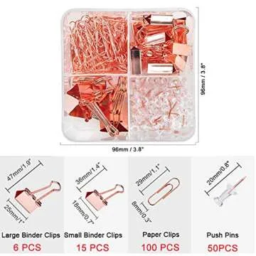 SF ITEM Binder Clips Paper Clips Push Pins Sets with Box for Office,School and Home Supplies (Rose G...