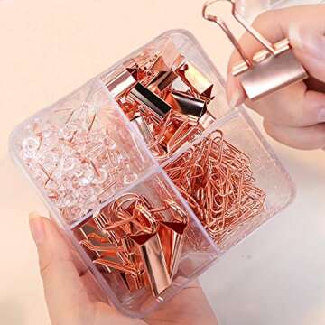 SF ITEM Binder Clips Paper Clips Push Pins Sets with Box for Office,School and Home Supplies (Rose Gold)