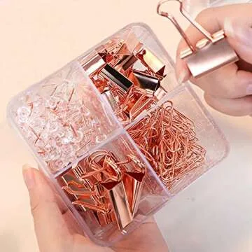 SF ITEM Binder Clips Paper Clips Push Pins Sets with Box for Office,School and Home Supplies (Rose Gold)