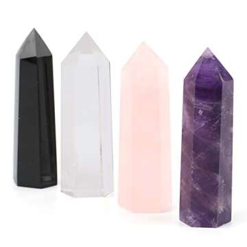 Lawei 4 Pack Natural Healing Crystal Wands - 0.6 x 2.4 inch 6 Faced Black Obsidian, Rose Quartz, Clear Quartz and Amethyst Crystal for Chakra, Reiki, Healing, Energy Work