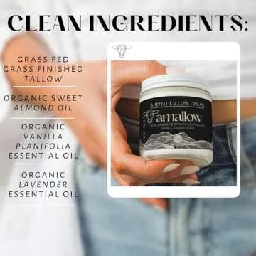 Amallow 100% Grass Fed Beef Tallow for Skin Care - Face + Body - Whipped Moisturizer - Natural Lotion, 4 FL. oz. (Vanilla Lavender)