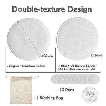 Reusable Makeup Remover Pads (16 Pack) With Washable Laundry Bag for Storage | 100% Organic Bamboo Cotton Rounds For All Skin Types - Eco-Friendly Reusable Cotton Pads