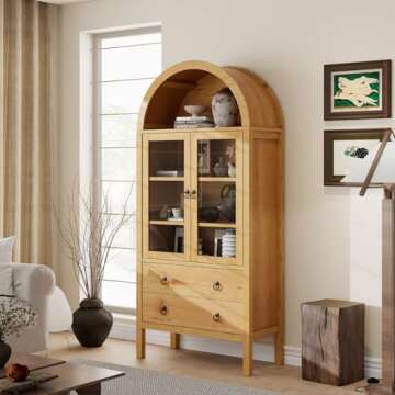 MECHYIN Arched Cabinet, 71" Tall Modern Storage Cabinet, Arched Kitchen Pantry Cabinet, Arched Bookshelf with Doors and Drawer, Wooden Storage Cabinet for Dining Room (Mid-Century Modern, Natural)