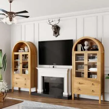 MECHYIN Arched Cabinet, 71" Tall Modern Storage Cabinet, Arched Kitchen Pantry Cabinet, Arched Bookshelf with Doors and Drawer, Wooden Storage Cabinet for Dining Room (Mid-Century Modern, Natural)