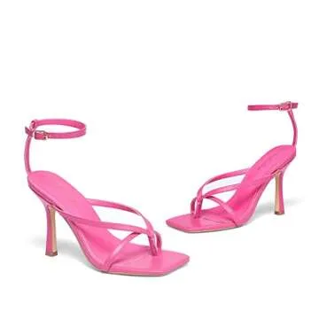 Elisabet Tang Womens Square Toe Heeled Sandals,4.3 inch Square Toe Thong Strappy Ankle Strap Stiletto Heel Sandals Wedding Dress Party Shoes Hot Pink Size 7