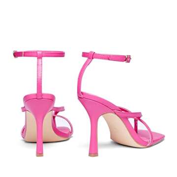 Elisabet Tang Womens Square Toe Heeled Sandals,4.3 inch Square Toe Thong Strappy Ankle Strap Stiletto Heel Sandals Wedding Dress Party Shoes Hot Pink Size 7