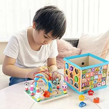 Qilay 5-in-1 Wooden Activity Cube for Toddlers 1-3