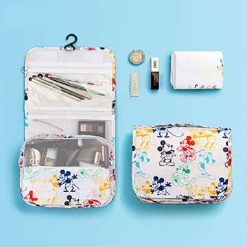 Finex Mickey Colorful Cartoon in White Background Toiletry Shower Bag with Handle and Hanging Hook for Travel Skincare Cosmetic Makeup Tools