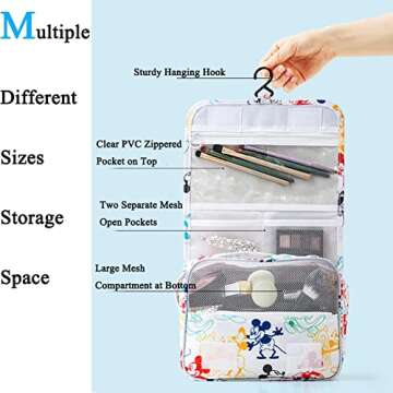 Finex Mickey Colorful Cartoon in White Background Toiletry Shower Bag with Handle and Hanging Hook for Travel Skincare Cosmetic Makeup Tools