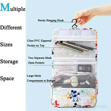 Finex Mickey Colorful Cartoon in White Background Toiletry Shower Bag with Handle and Hanging Hook for Travel Skincare Cosmetic Makeup Tools