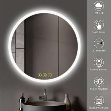 CITYMODA Bathroom Mirror with LED Lights 32 inch Circle Backlit Illuminated Wall Mounted Lighted Mirror Anti-Fog 3 Colors Change IP44 Dimmable Round LED Bathroom Mirror