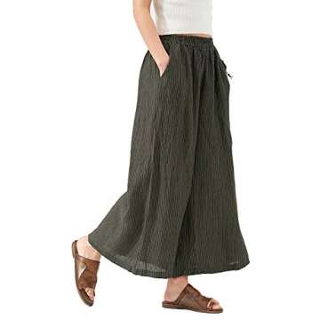 Les umes Ladies Womens Linen Wide Leg Cropped Pants Stripe Elastic Waist Baggy Loose Culottes Pants Dark Gray Stripe US 12-14
