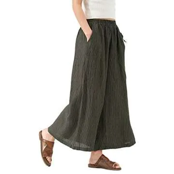 Les umes Ladies Womens Linen Wide Leg Cropped Pants Stripe Elastic Waist Baggy Loose Culottes Pants Dark Gray Stripe US 12-14