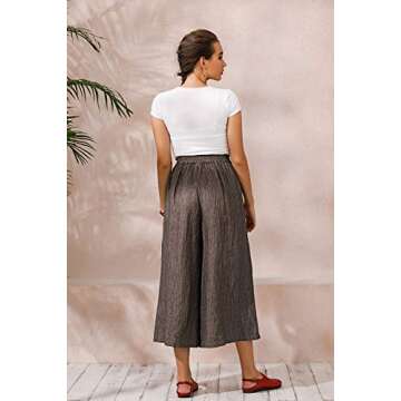 Les umes Ladies Womens Linen Wide Leg Cropped Pants Stripe Elastic Waist Baggy Loose Culottes Pants Dark Gray Stripe US 12-14
