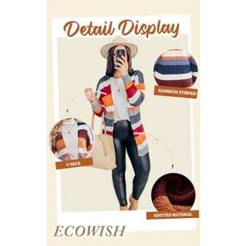 ECOWISH Cardigan Sweaters for Women Lightweight Fall Color Block Striped Long Sleeve Open Front Cozy Knitted Coats Outwear Small Pink/Peach and White