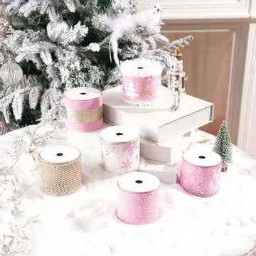 MAYREEL 2.5 Inch Pink and Gold Christmas Ribbon Wired for Christmas Trees Wreaths Tree Toppers Crafts Home Decor Gift Wrapping 6 Rolls Total 36 Yards