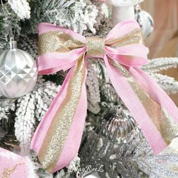 MAYREEL 2.5 Inch Pink and Gold Christmas Ribbon Wired for Christmas Trees Wreaths Tree Toppers Crafts Home Decor Gift Wrapping 6 Rolls Total 36 Yards