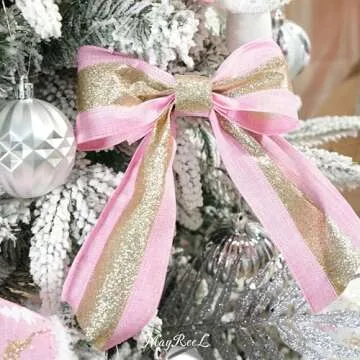 MAYREEL 2.5 Inch Pink and Gold Christmas Ribbon Wired for Christmas Trees Wreaths Tree Toppers Crafts Home Decor Gift Wrapping 6 Rolls Total 36 Yards