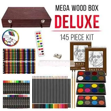 U.S. Art Supply 145-Piece Mega Wood Box Painting and Drawing Set in Storage Case - 2 Sketch Pads, 24...