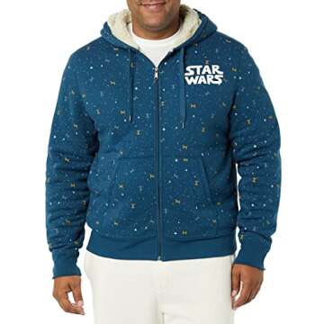 Amazon Essentials Disney | Marvel | Star Wars Men's Sherpa-Lined Full-Zip Hoodie Sweatshirts, Star Wars Logo Ships, Medium