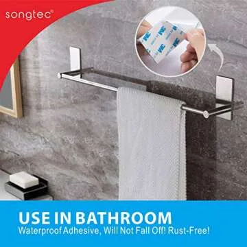 Songtec Bathroom Towel Bar 16-inch, No Drill Stick On Towel Rack, Easy Install with Self-Adhesive, P...