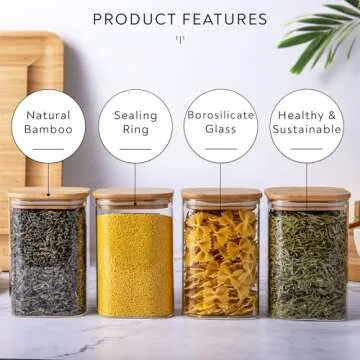Laramaid Glass Jar Set (3x27oz/3x40oz) Set of 6 with Minimalist Pantry Labels, Square Canister Jars with Bamboo Lids and Customized Sticker Labels, Food Storage Containers