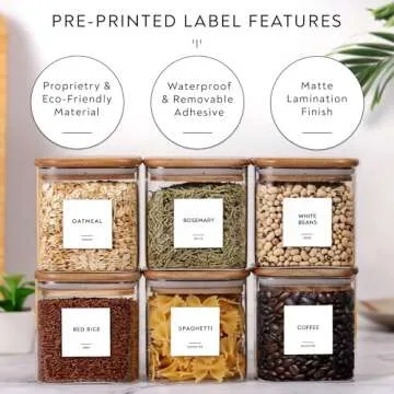 Laramaid Glass Jar Set (3x27oz/3x40oz) Set of 6 with Minimalist Pantry Labels, Square Canister Jars with Bamboo Lids and Customized Sticker Labels, Food Storage Containers