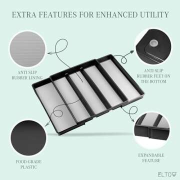 ELTOW Expandable Silverware Drawer Organizer & Utensil Tray Set, Non-Slip Kitchen Drawer Organizers and Storage, Kitchen Organization for Utensils, Cutlery, Office Supplies, Flatware Storage - Black