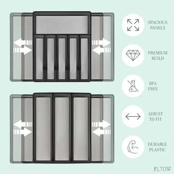 ELTOW Expandable Silverware Drawer Organizer & Utensil Tray Set, Non-Slip Kitchen Drawer Organizers and Storage, Kitchen Organization for Utensils, Cutlery, Office Supplies, Flatware Storage - Black
