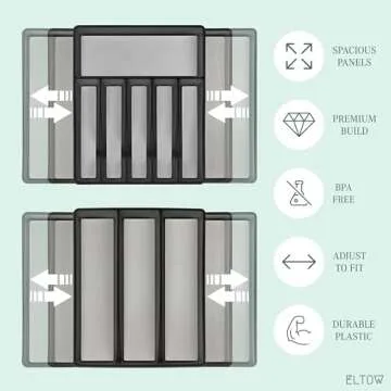 ELTOW Expandable Silverware Drawer Organizer & Utensil Tray Set, Non-Slip Kitchen Drawer Organizers and Storage, Kitchen Organization for Utensils, Cutlery, Office Supplies, Flatware Storage - Black
