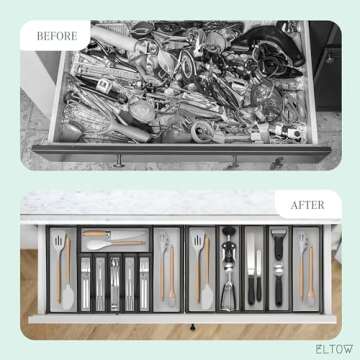 ELTOW Expandable Silverware Drawer Organizer & Utensil Tray Set, Non-Slip Kitchen Drawer Organizers and Storage, Kitchen Organization for Utensils, Cutlery, Office Supplies, Flatware Storage - Black