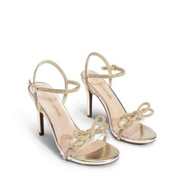 DREAM PAIRS Women's Heels Round Toe Rhinestone Double Bowknots Sparkly Stilettos Heeled Sandals Shoes for Party Evening,Size 8.5,Gold-Pu,SDHS2451W