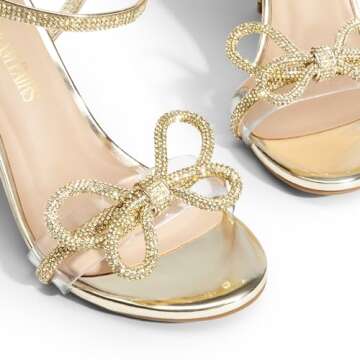 DREAM PAIRS Women's Heels Round Toe Rhinestone Double Bowknots Sparkly Stilettos Heeled Sandals Shoes for Party Evening,Size 8.5,Gold-Pu,SDHS2451W