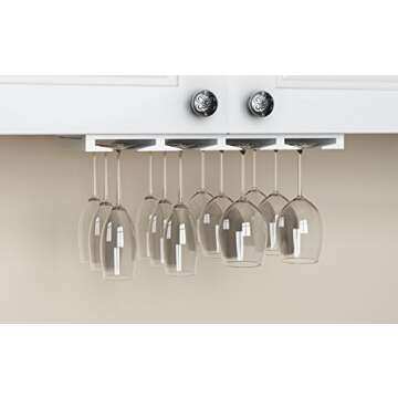 Rustic State Eze 4 Sectional Under Cabinet Mount Wood Stemware Rack Hanging Shelf Glassware Holder Bar Organizer with up to 12 Wine Glass Storage 10 Inch Deep White